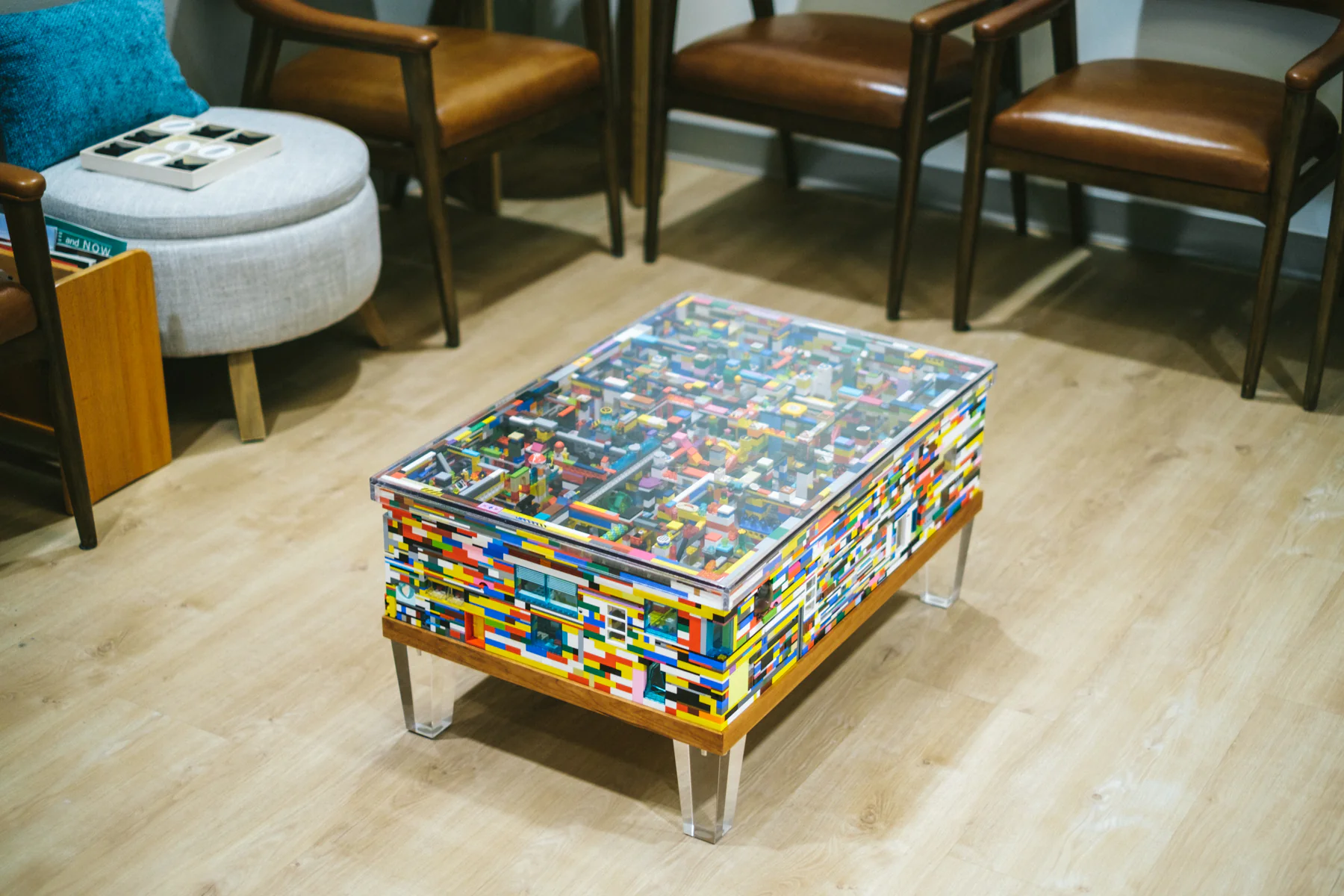 Waiting area featuring the LEGO coffee table and seating