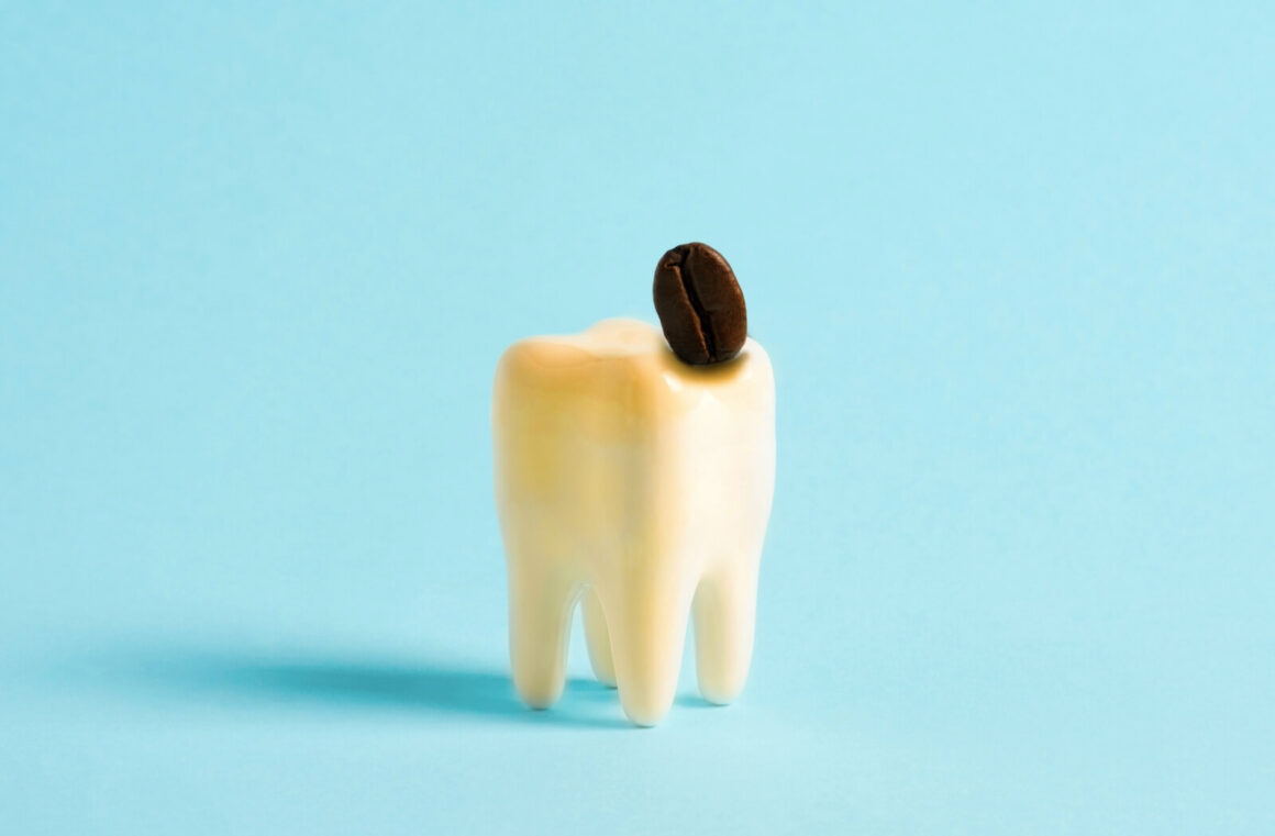 How Coffee Stains Your Teeth_ Everyday Habits That Make It Worse_hero (1) (1) A model of a human tooth with yellow discoloration and a single coffee bean on top, set against a blue background.