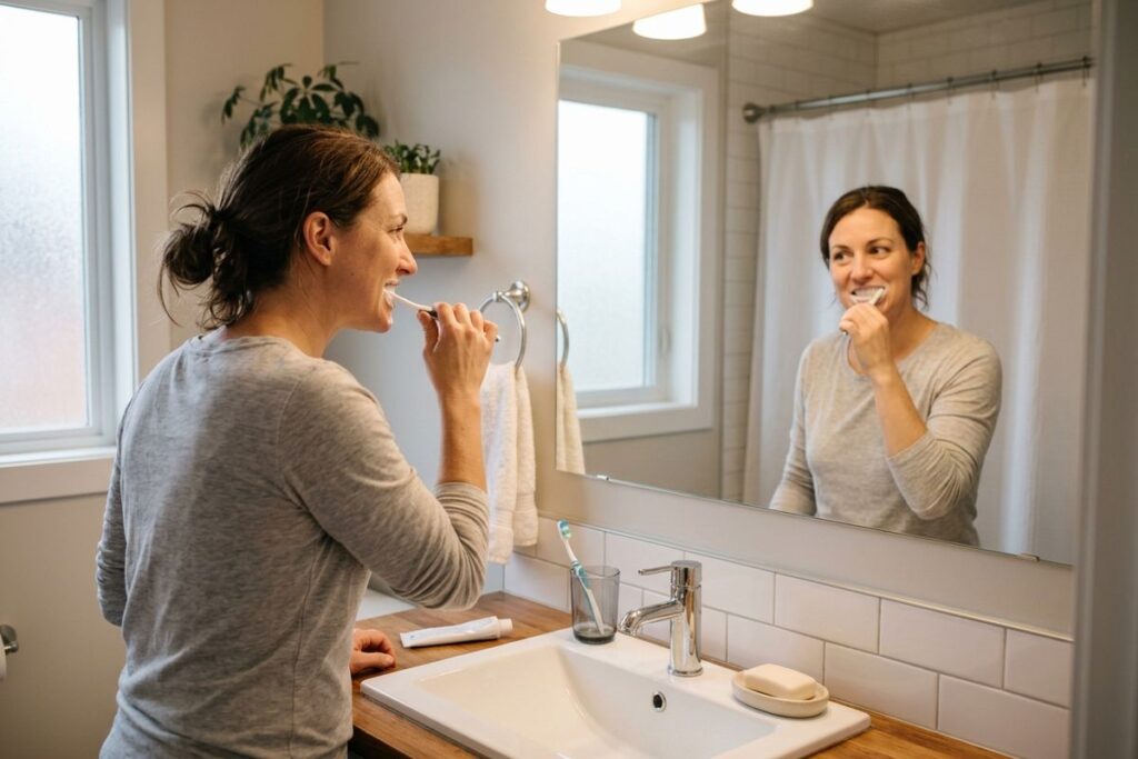 A smiling adult brushing their teeth while looking in a bathroom mirror.